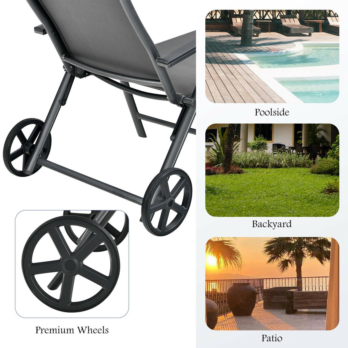 Folding Aluminium Lounge Chair with Wheels, Neck Pillow and 7 Positions