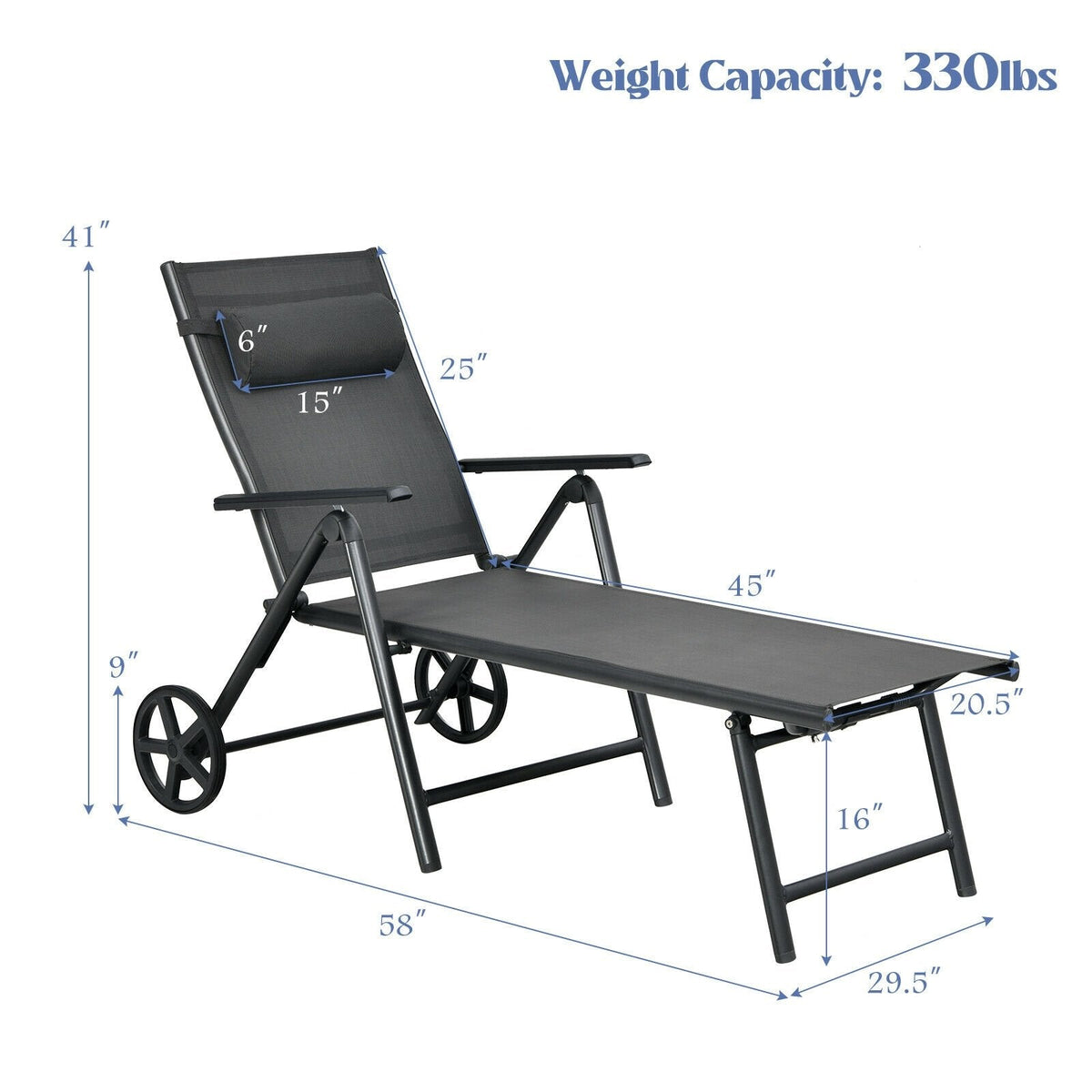 Folding Aluminium Lounge Chair with Wheels, Neck Pillow and 7 Positions