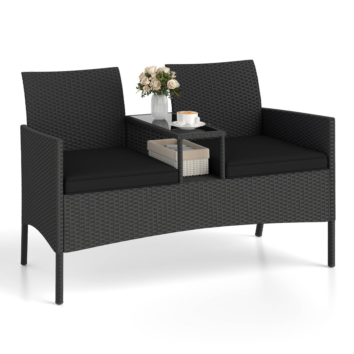 Patio Wicker Loveseat with Built-in Coffee Table and 2 Tier Storage, Black