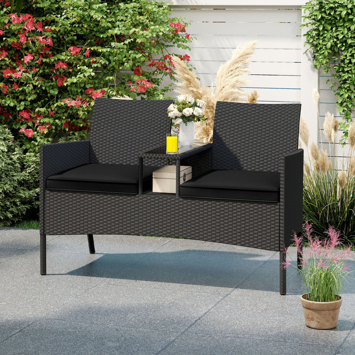 Patio Wicker Loveseat with Built-in Coffee Table and 2 Tier Storage, Black