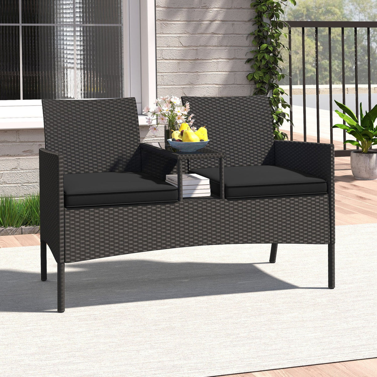 Patio Wicker Loveseat with Built-in Coffee Table and 2 Tier Storage, Black