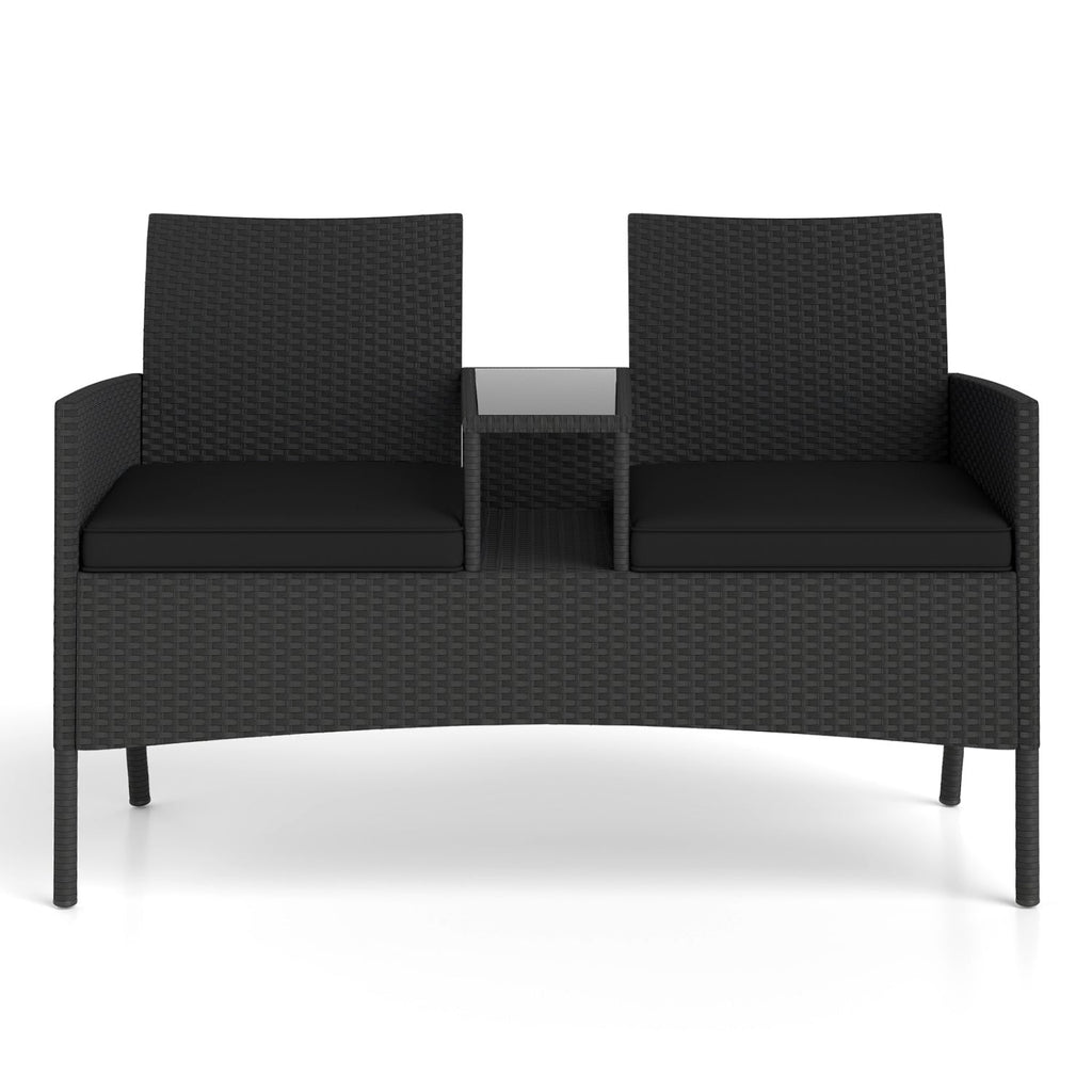 Patio Wicker Loveseat with Built-in Coffee Table and 2 Tier Storage, Black