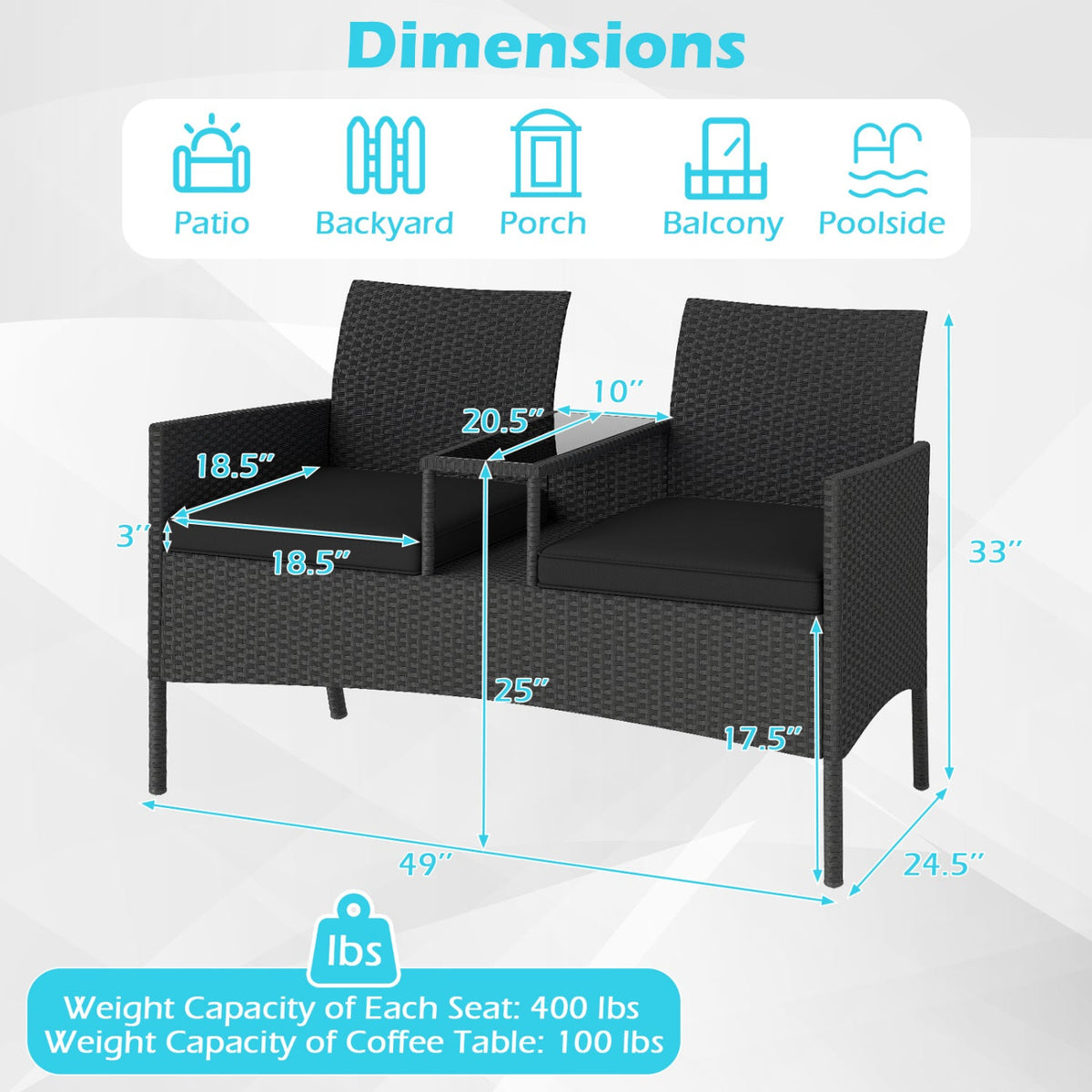 Patio Wicker Loveseat with Built-in Coffee Table and 2 Tier Storage, Black