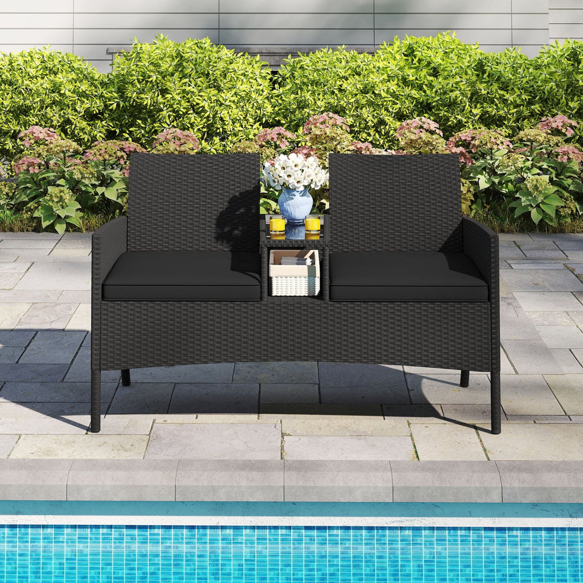 Patio Wicker Loveseat with Built-in Coffee Table and 2 Tier Storage, Black