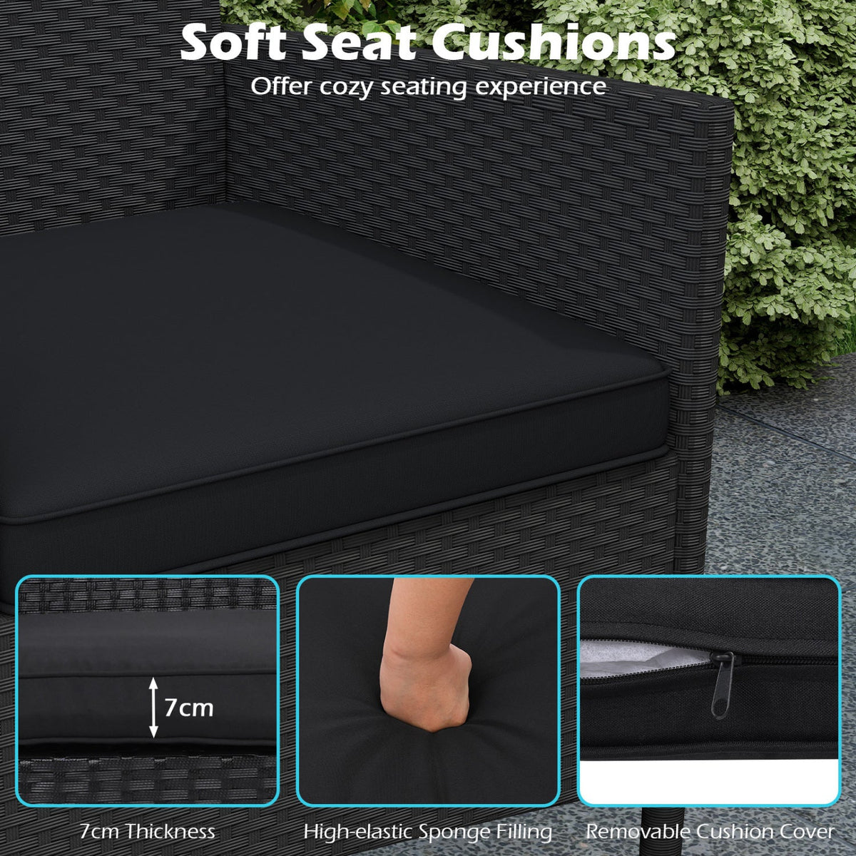 Patio Wicker Loveseat with Built-in Coffee Table and 2 Tier Storage, Black