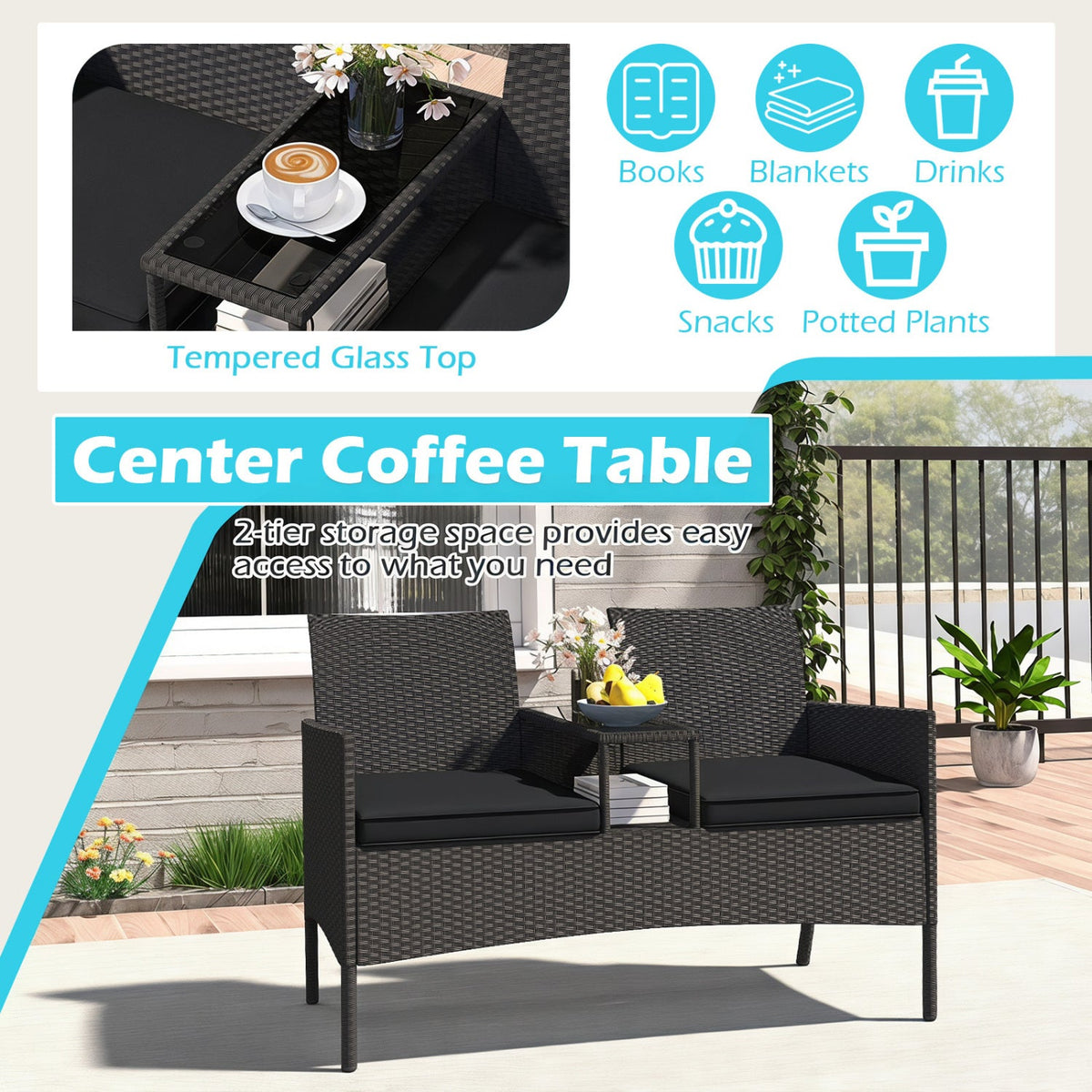 Patio Wicker Loveseat with Built-in Coffee Table and 2 Tier Storage, Black