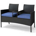 Patio Wicker Loveseat with Built-in Coffee Table and 2 Tier Storage, Blue