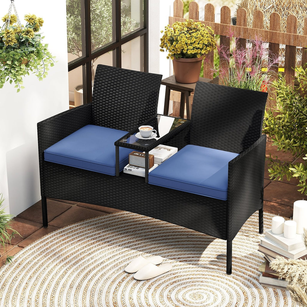 Patio Wicker Loveseat with Built-in Coffee Table and 2 Tier Storage, Blue