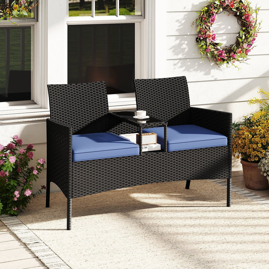 Patio Wicker Loveseat with Built-in Coffee Table and 2 Tier Storage, Blue