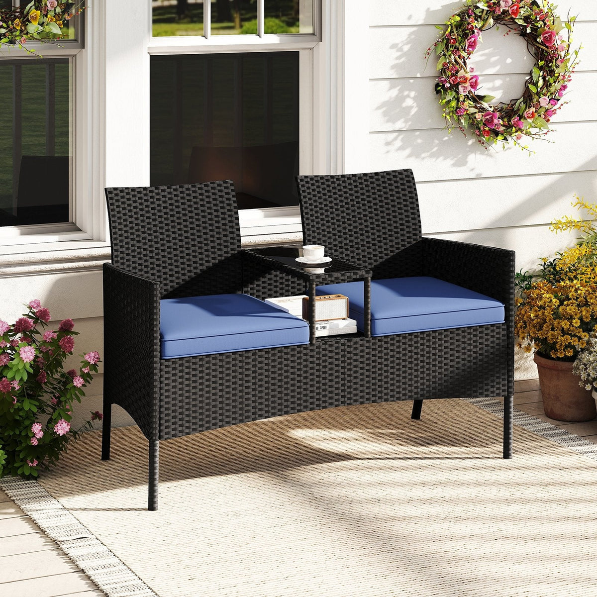 Patio Wicker Loveseat with Built-in Coffee Table and 2 Tier Storage, Blue