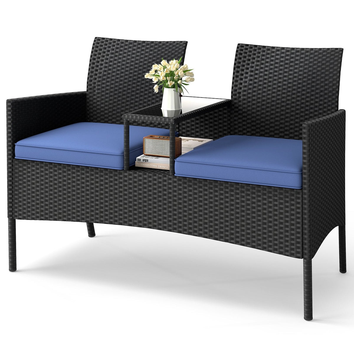 Patio Wicker Loveseat with Built-in Coffee Table and 2 Tier Storage, Blue