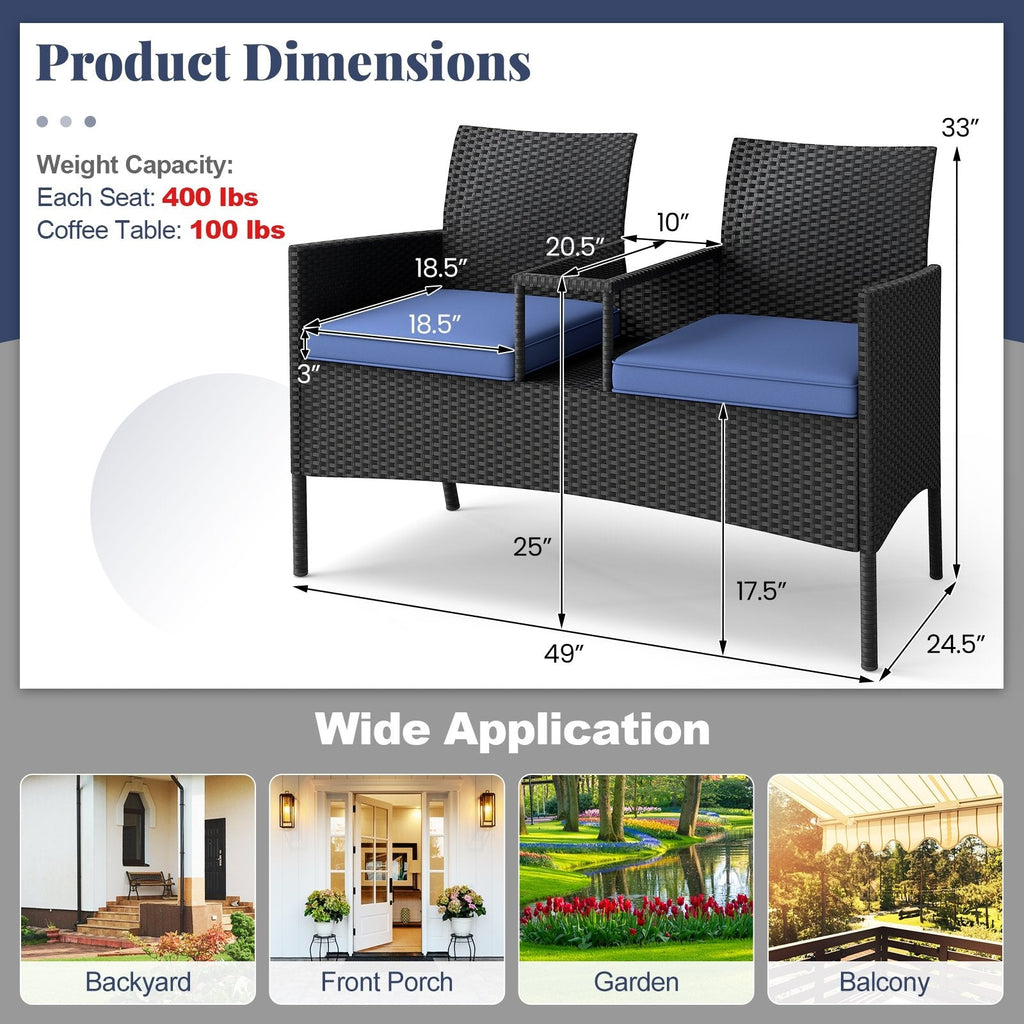 Patio Wicker Loveseat with Built-in Coffee Table and 2 Tier Storage, Blue