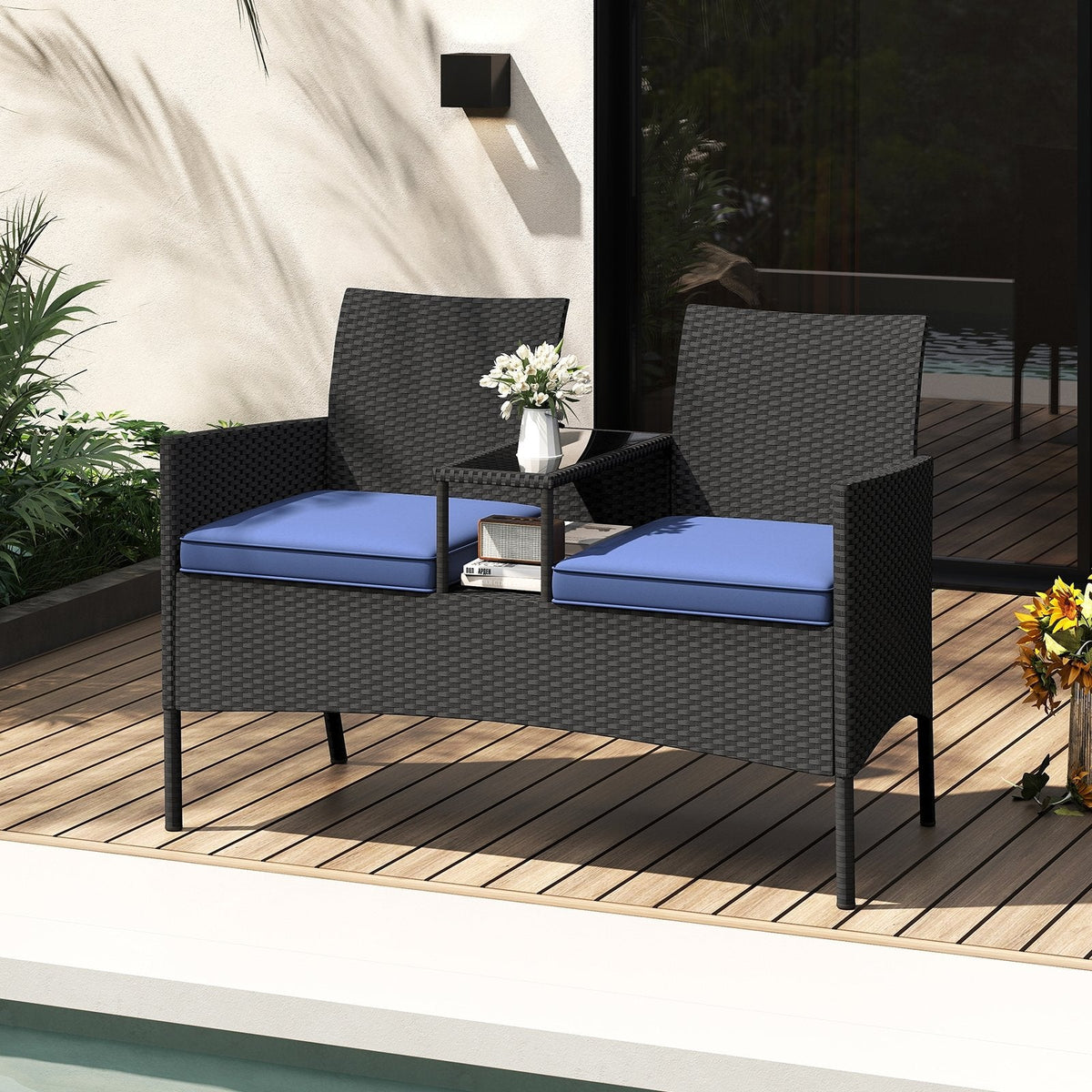 Patio Wicker Loveseat with Built-in Coffee Table and 2 Tier Storage, Blue