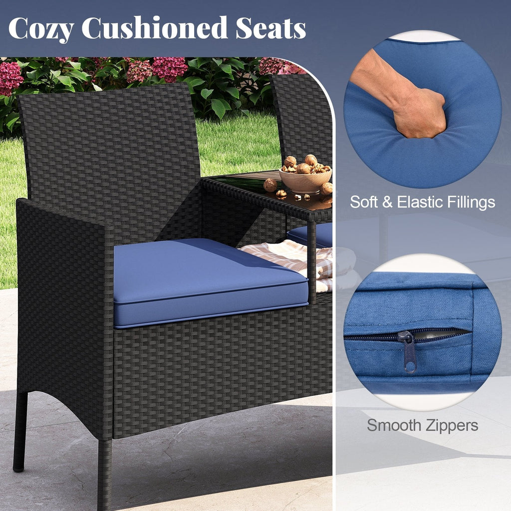 Patio Wicker Loveseat with Built-in Coffee Table and 2 Tier Storage, Blue