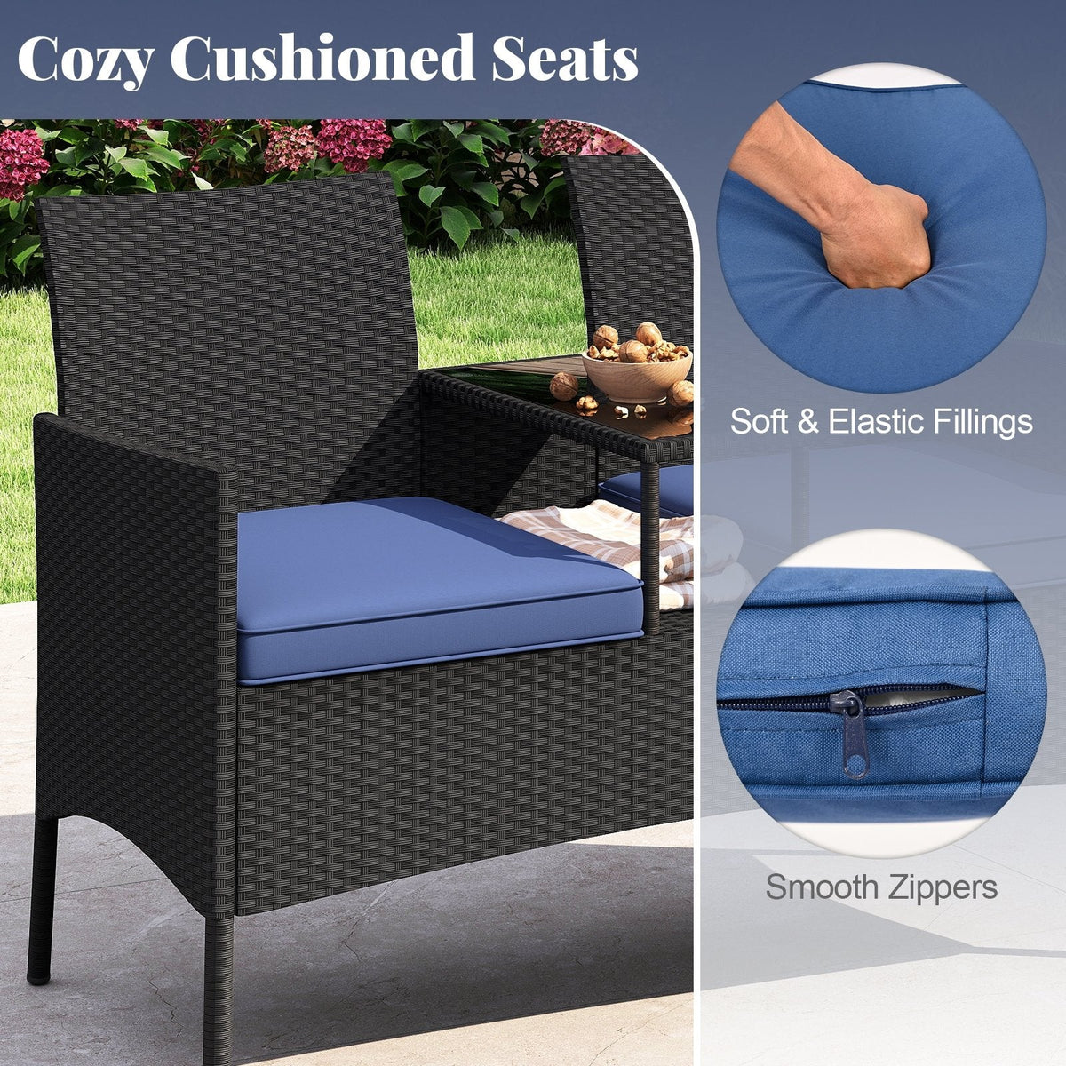 Patio Wicker Loveseat with Built-in Coffee Table and 2 Tier Storage, Blue