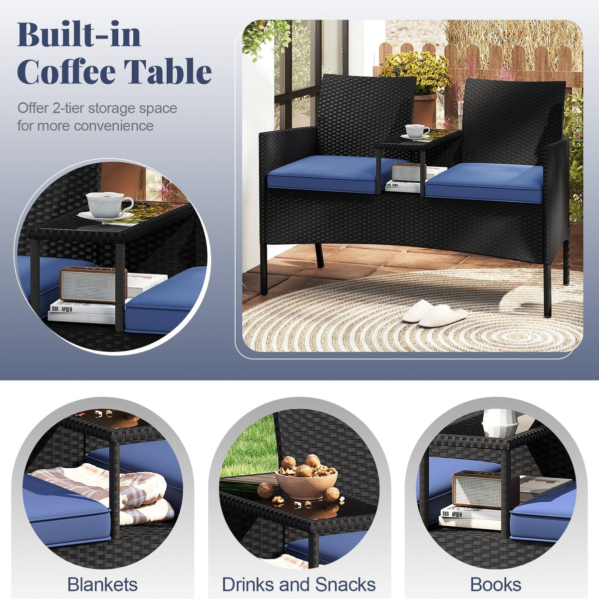 Patio Wicker Loveseat with Built-in Coffee Table and 2 Tier Storage, Blue
