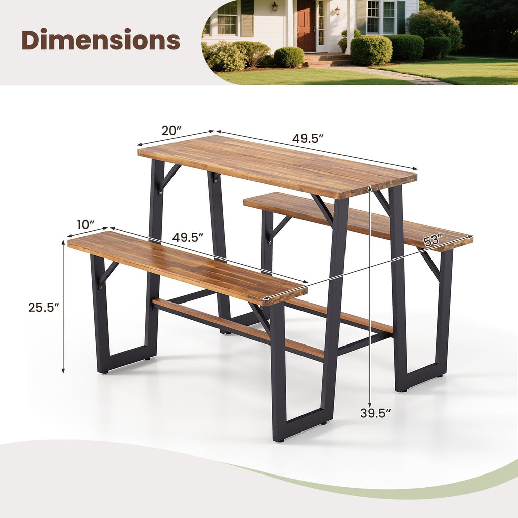 Patio Picnic Table Bench Set with Acacia Wood Tabletop and Benchtop