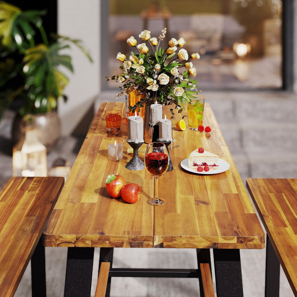 Patio Picnic Table Bench Set with Acacia Wood Tabletop and Benchtop
