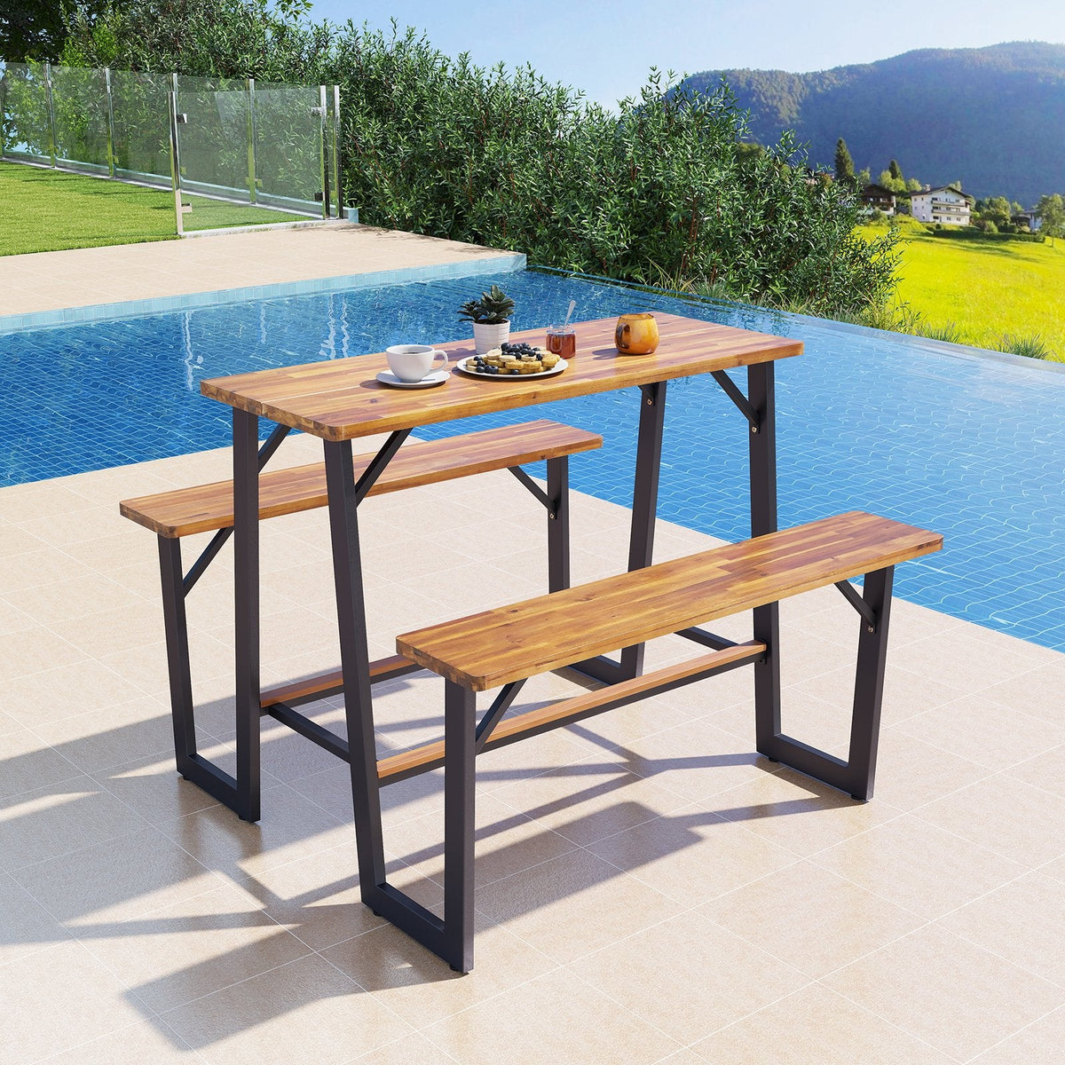 Patio Picnic Table Bench Set with Acacia Wood Tabletop and Benchtop