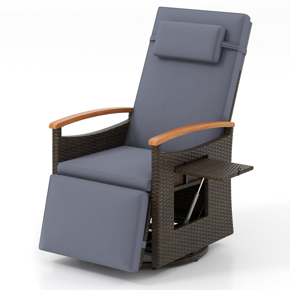 Wicker Swivel Recliner with Footrest, Headrest and Fold Out Side Table, Slate Gray