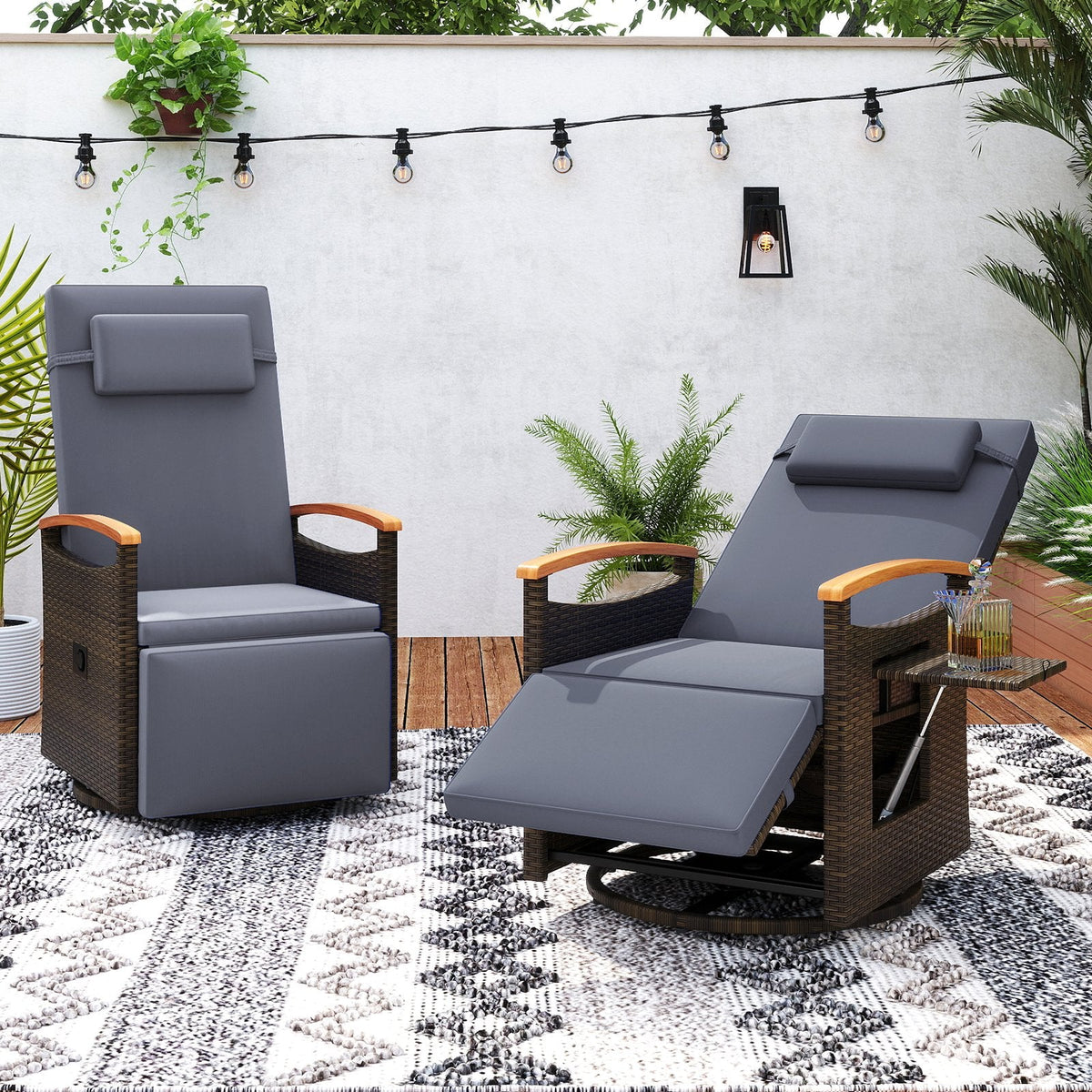 Wicker Swivel Recliner with Footrest, Headrest and Fold Out Side Table, Slate Gray