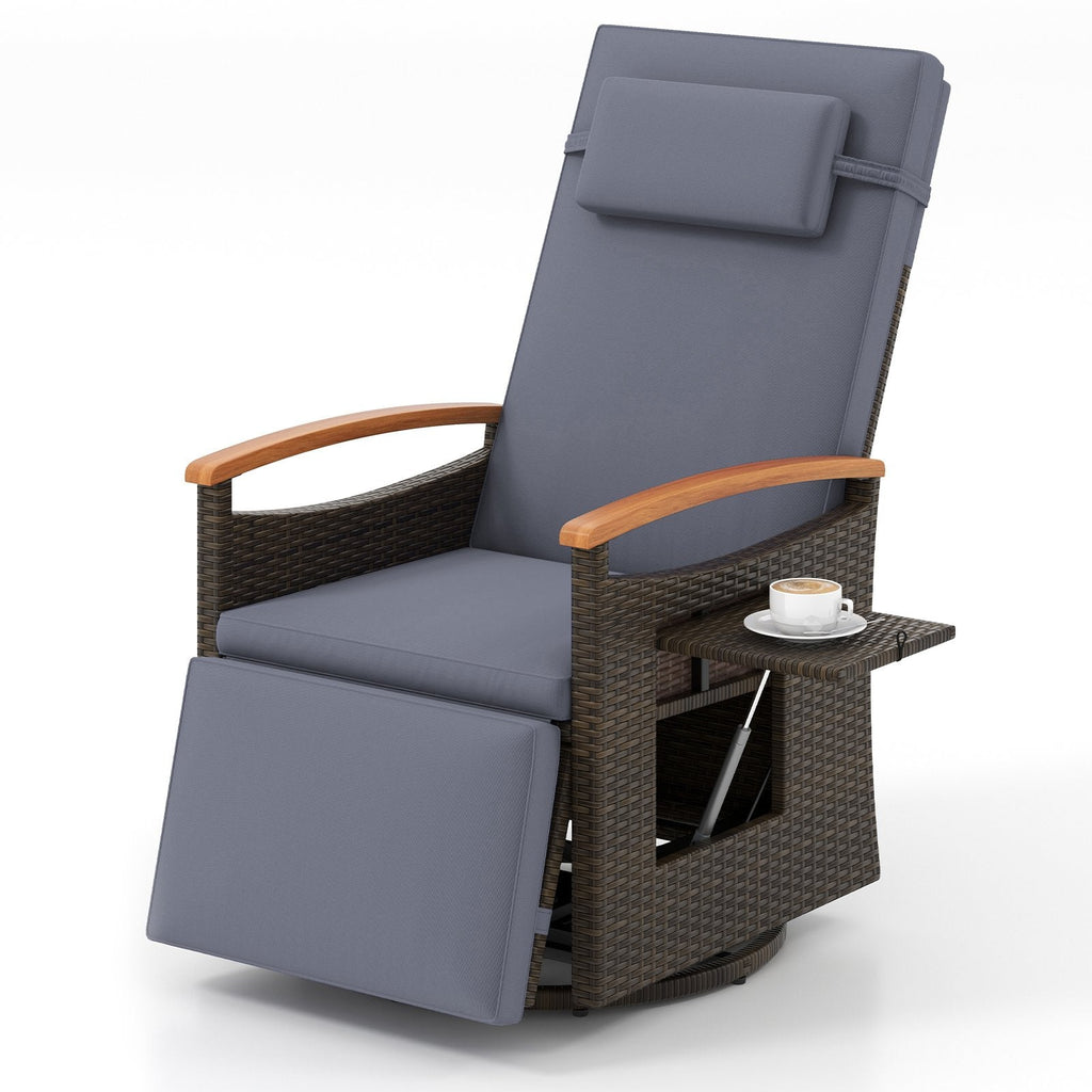 Wicker Swivel Recliner with Footrest, Headrest and Fold Out Side Table, Slate Gray