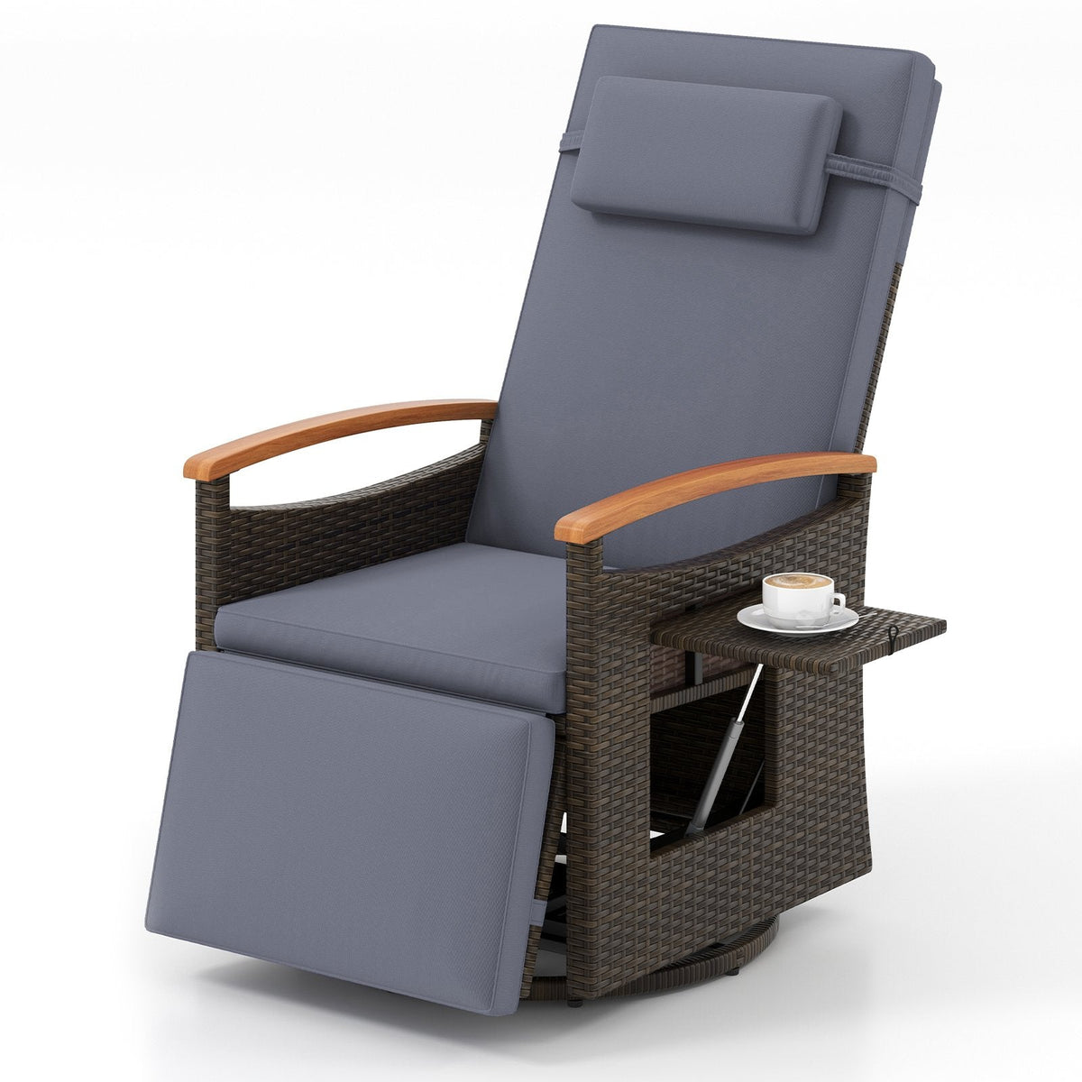 Wicker Swivel Recliner with Footrest, Headrest and Fold Out Side Table, Slate Gray