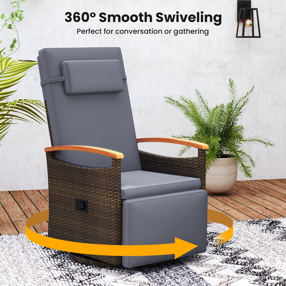 Wicker Swivel Recliner with Footrest, Headrest and Fold Out Side Table, Slate Gray