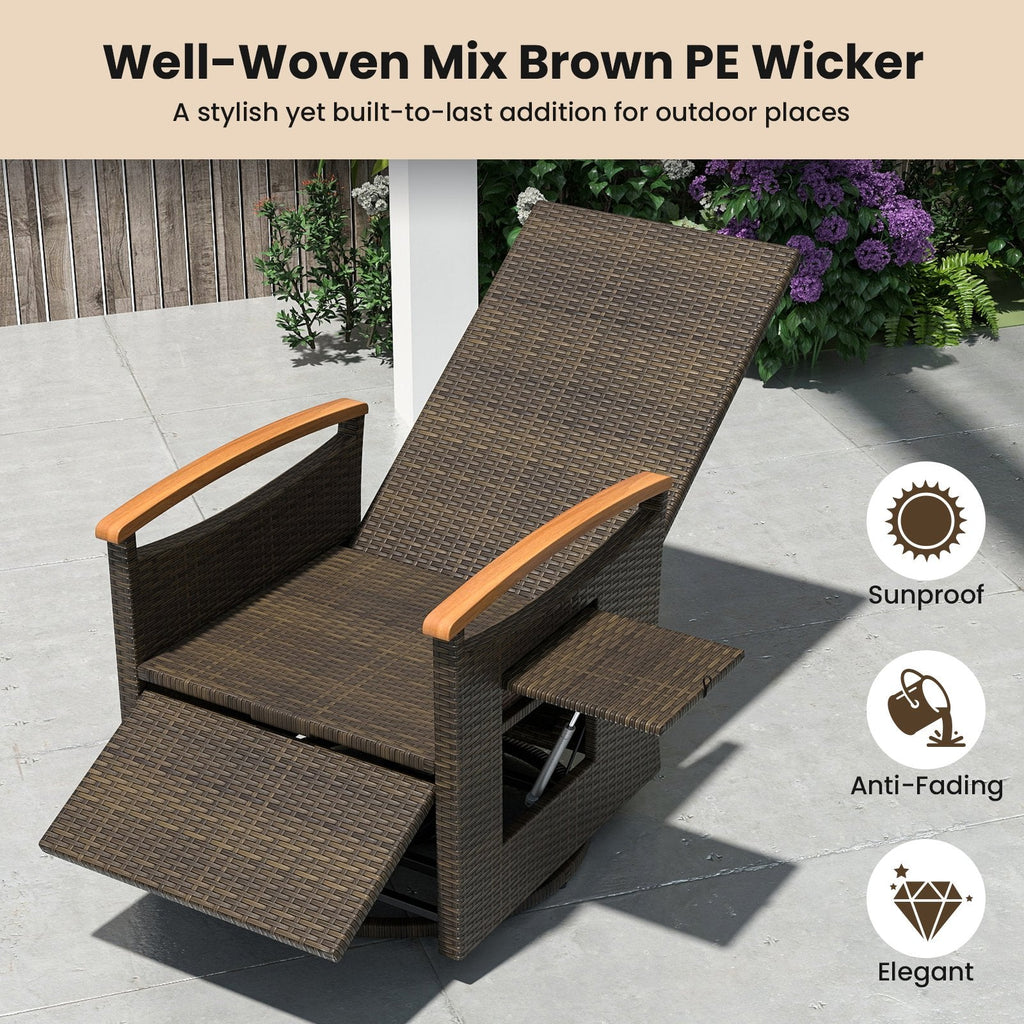 Wicker Swivel Recliner with Footrest, Headrest and Fold Out Side Table, Slate Gray