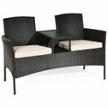 Wicker Patio Loveseat with Built In Center Table and Cushions, Beige
