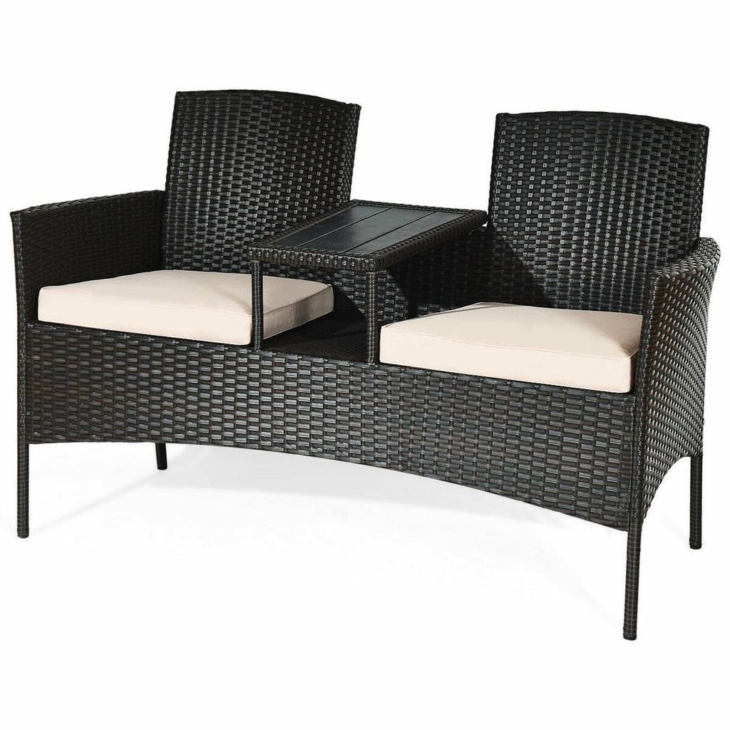Wicker Patio Loveseat with Built In Center Table and Cushions, Beige