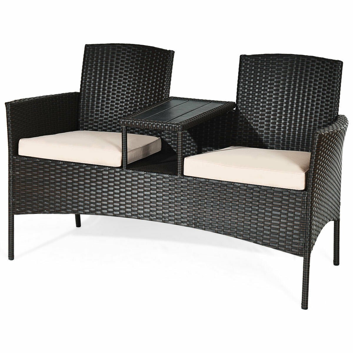 Wicker Patio Loveseat with Built In Center Table and Cushions, Beige