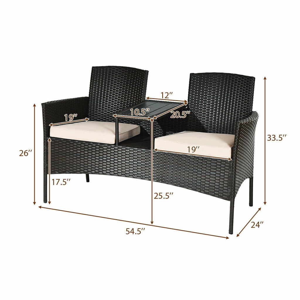 Wicker Patio Loveseat with Built In Center Table and Cushions, Beige