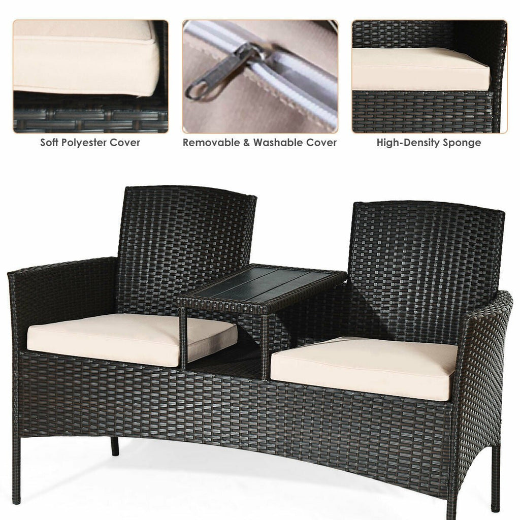 Wicker Patio Loveseat with Built In Center Table and Cushions, Beige