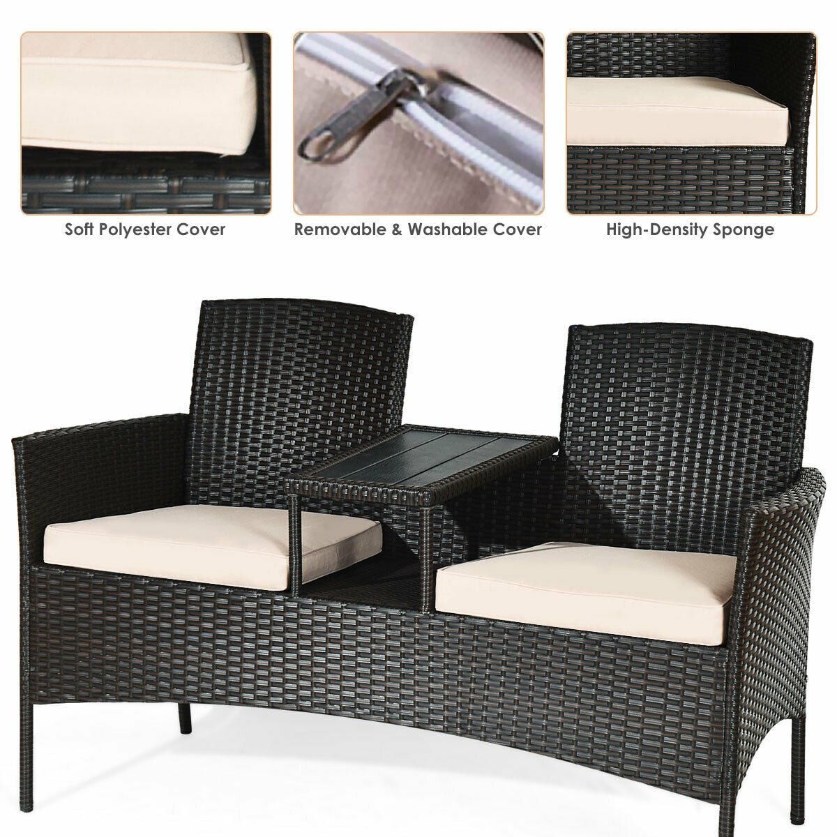 Wicker Patio Loveseat with Built In Center Table and Cushions, Beige