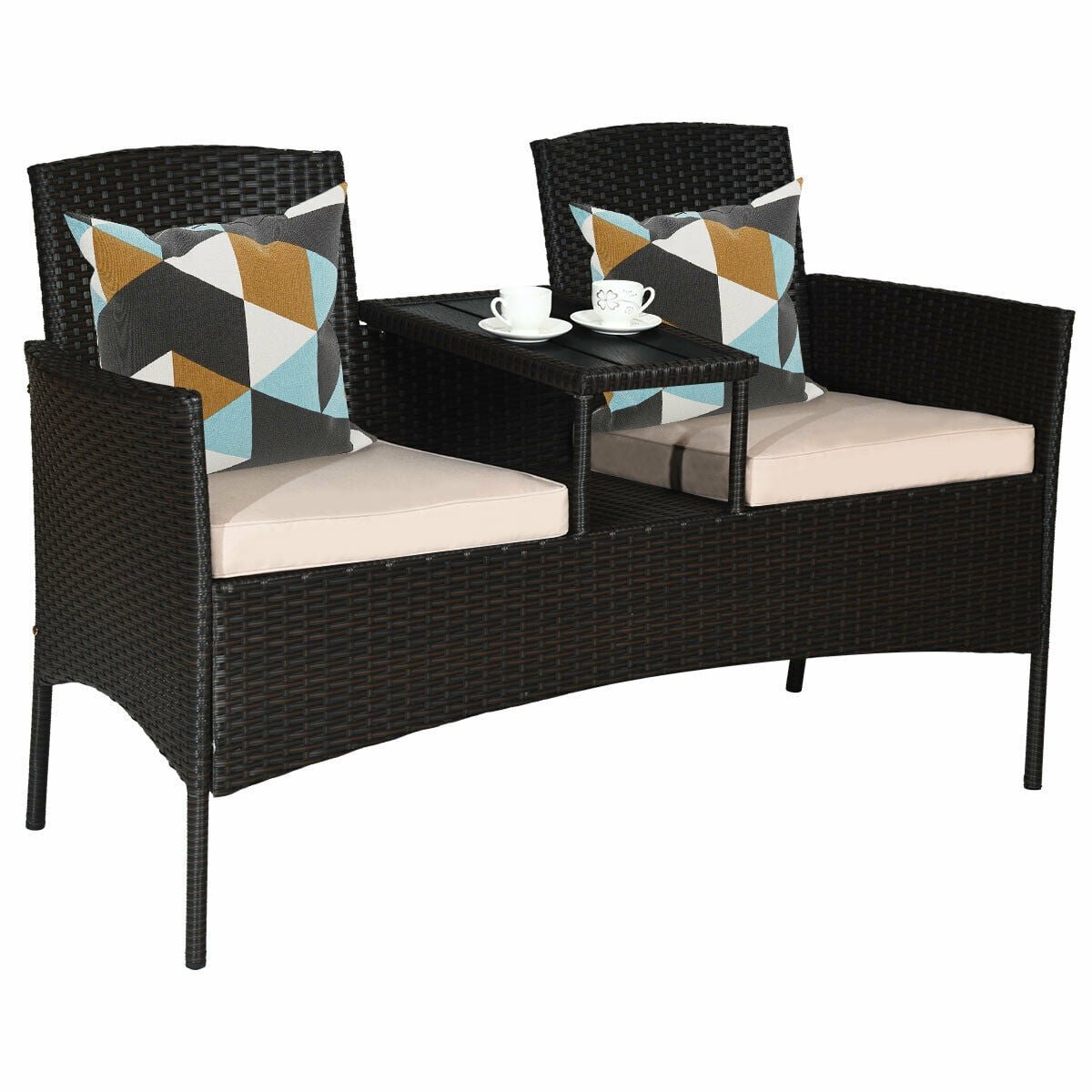 Wicker Patio Loveseat with Built In Center Table and Cushions, Beige