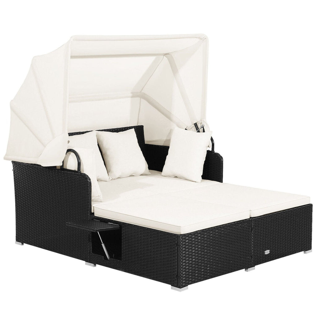 Rattan Patio Daybed with Retractable Canopy and Side Trays, Off White