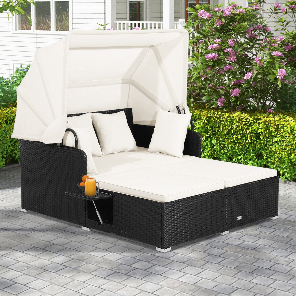 Rattan Patio Daybed with Retractable Canopy and Side Trays, Off White