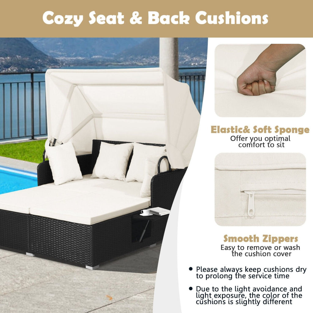 Rattan Patio Daybed with Retractable Canopy and Side Trays, Off White