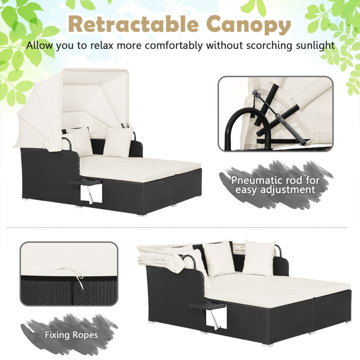 Rattan Patio Daybed with Retractable Canopy and Side Trays, Off White