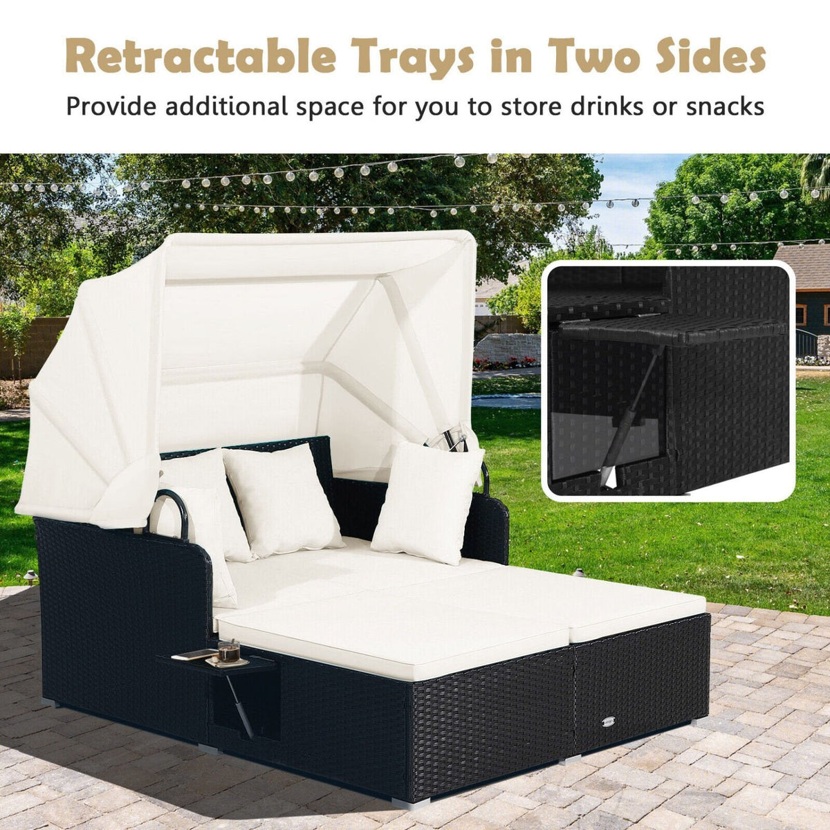 Rattan Patio Daybed with Retractable Canopy and Side Trays, Off White