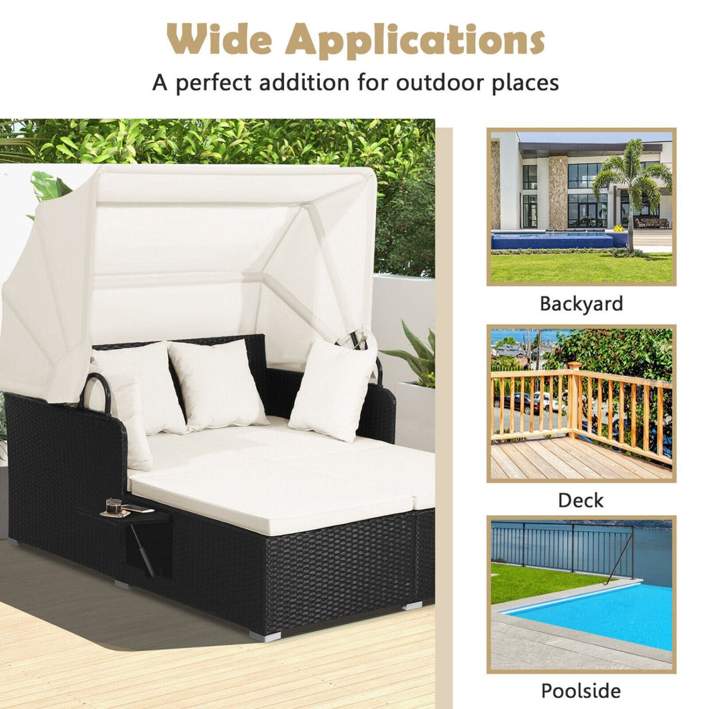 Rattan Patio Daybed with Retractable Canopy and Side Trays, Off White