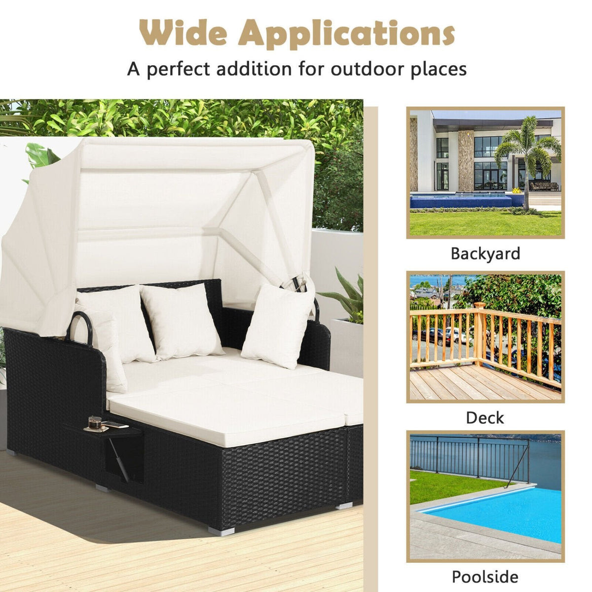 Rattan Patio Daybed with Retractable Canopy and Side Trays, Off White