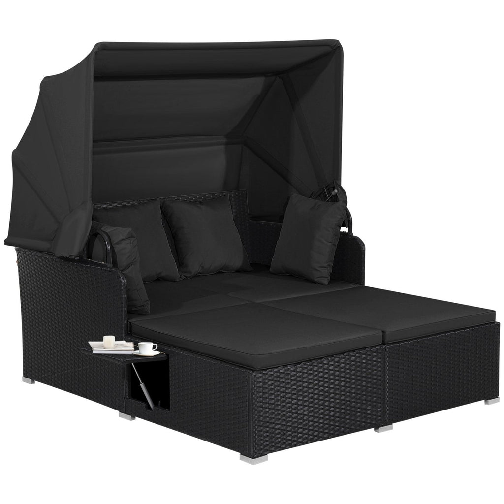 Rattan Patio Daybed with Retractable Canopy and Side Trays, Black