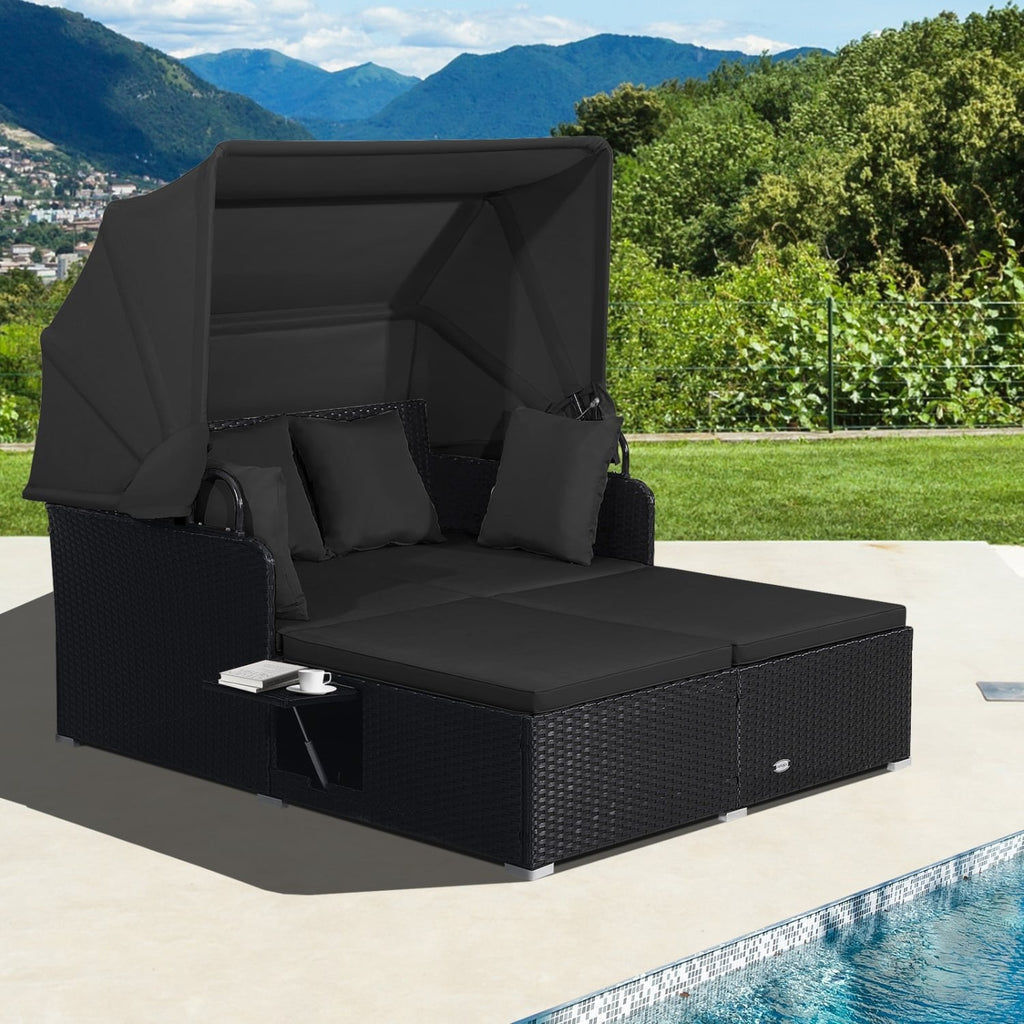 Rattan Patio Daybed with Retractable Canopy and Side Trays, Black