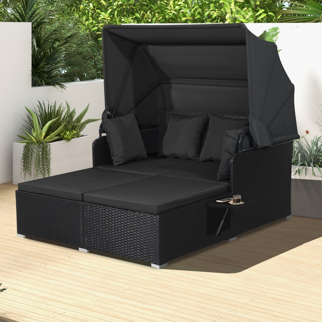 Rattan Patio Daybed with Retractable Canopy and Side Trays, Black