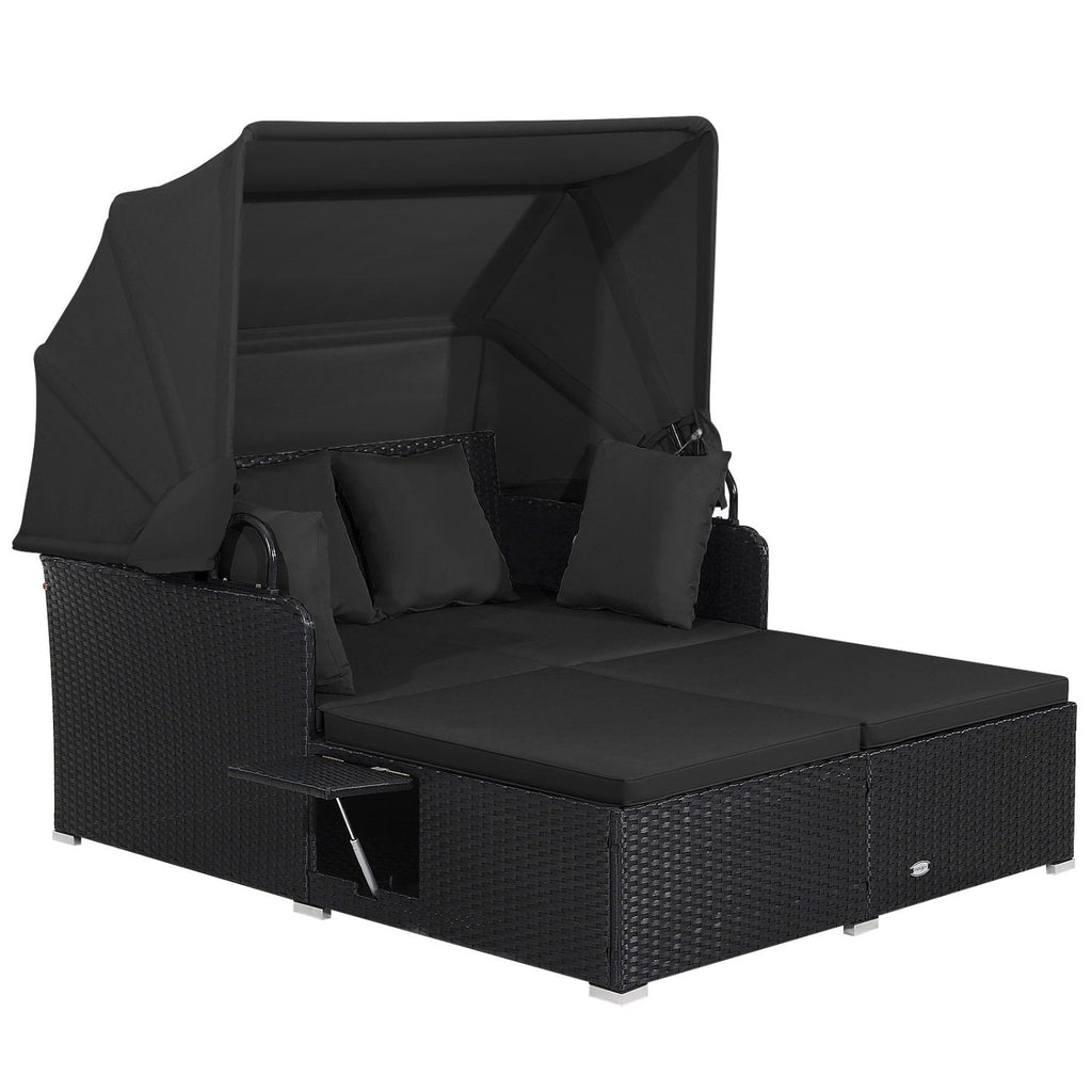 Rattan Patio Daybed with Retractable Canopy and Side Trays, Black