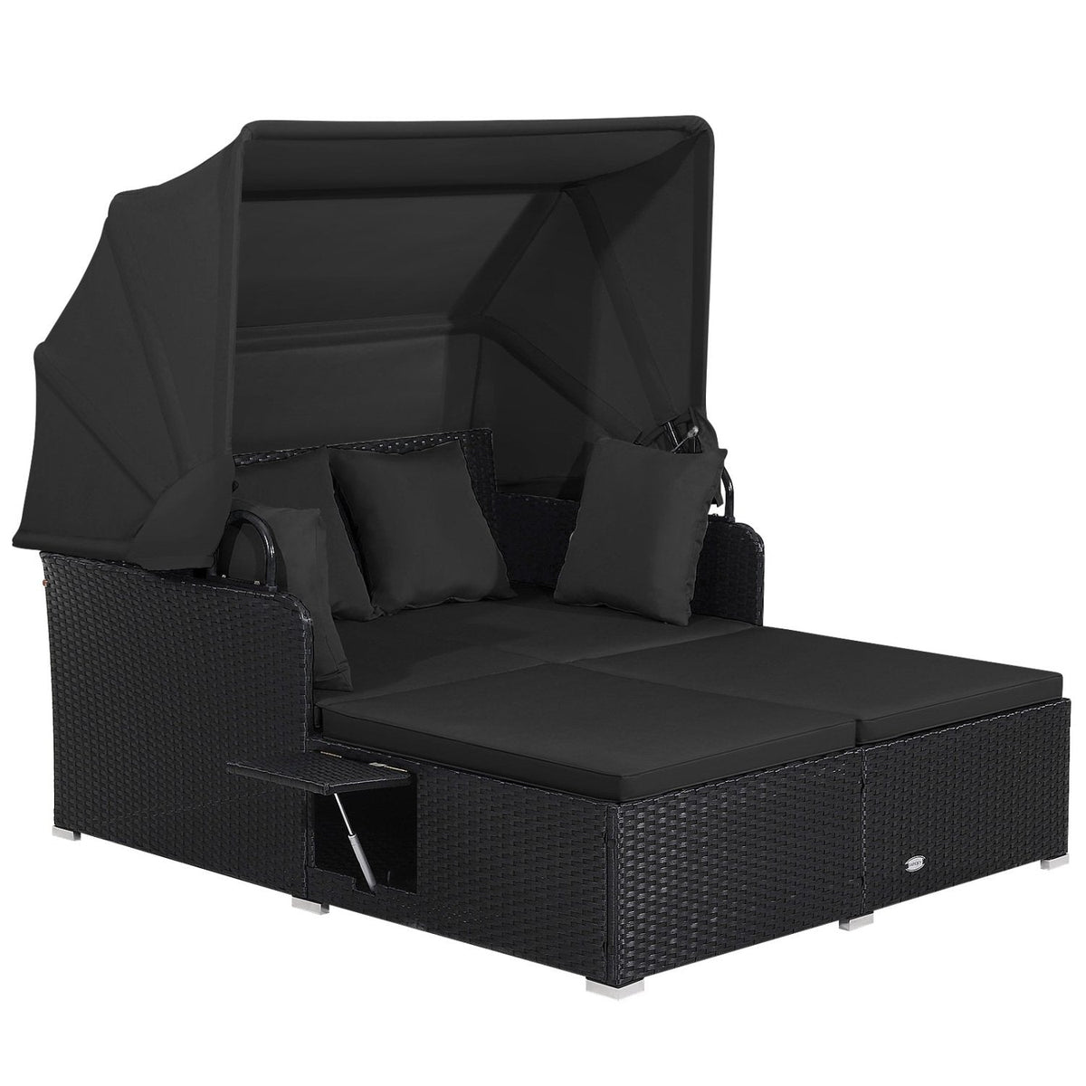 Rattan Patio Daybed with Retractable Canopy and Side Trays, Black