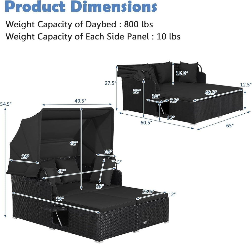 Rattan Patio Daybed with Retractable Canopy and Side Trays, Black