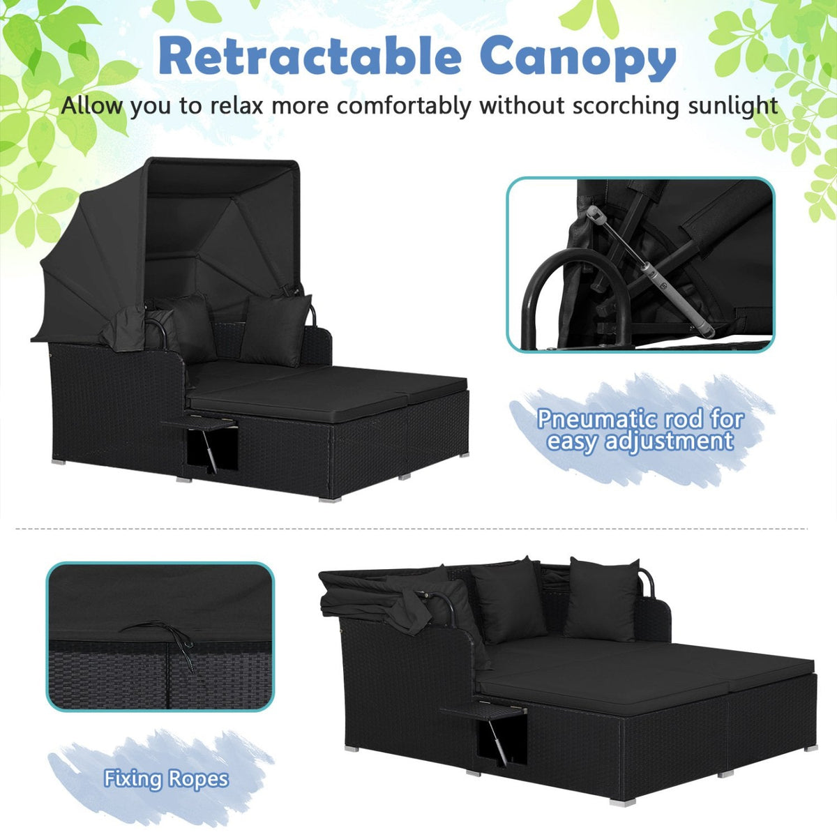 Rattan Patio Daybed with Retractable Canopy and Side Trays, Black